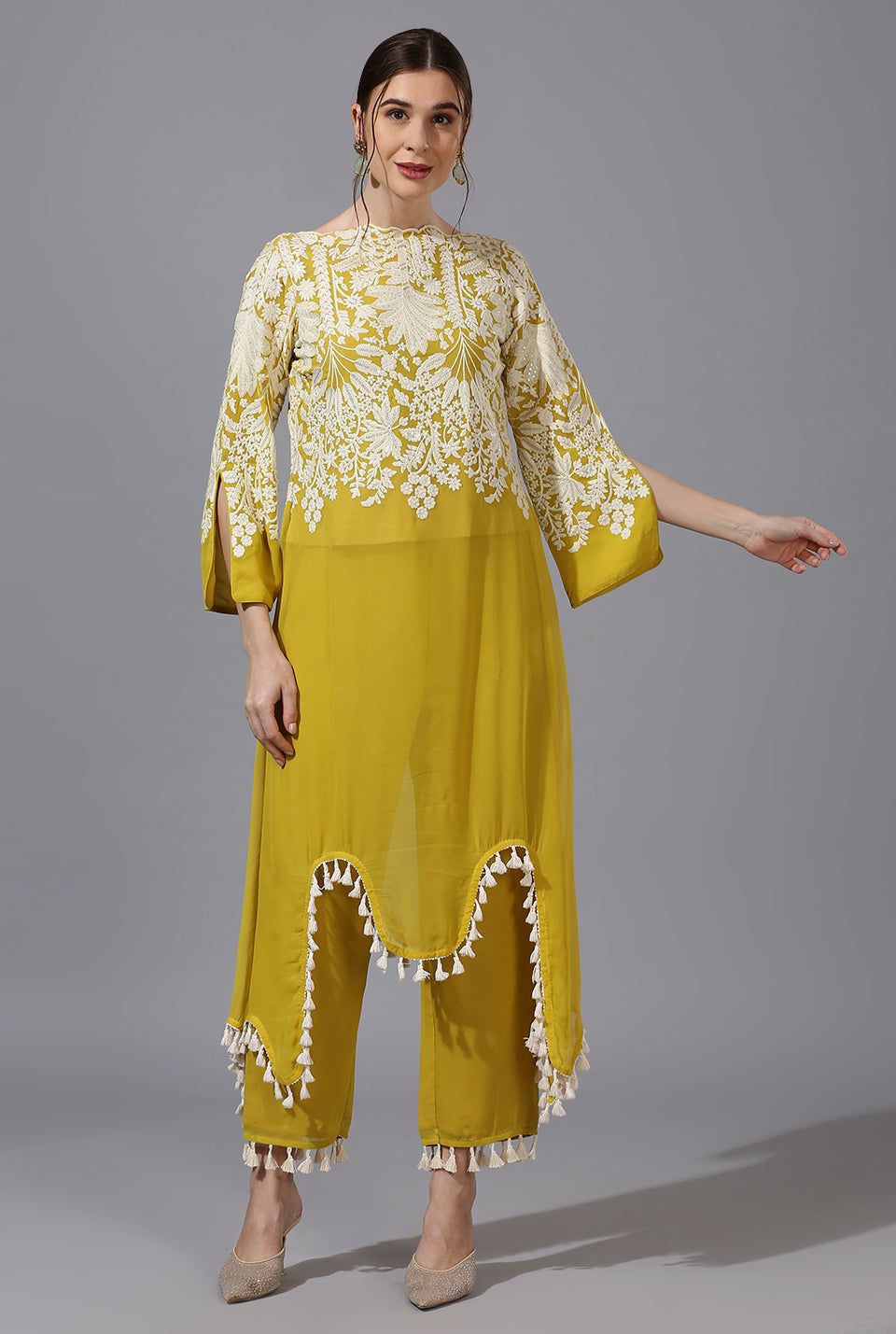 Yellow White Palm St. Fit Set With Dupatta