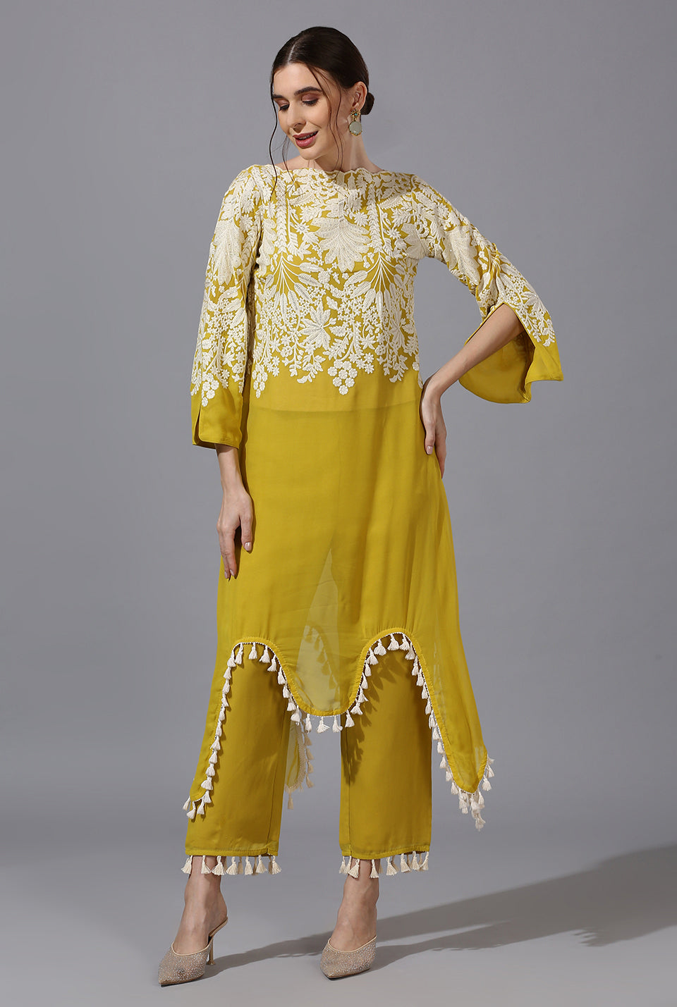 Yellow White Palm St. Fit Set With Dupatta