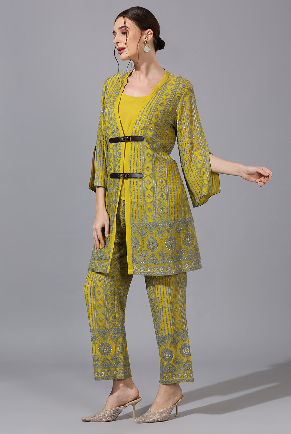 Yellow Grey Double Buckle Co-Ord Set