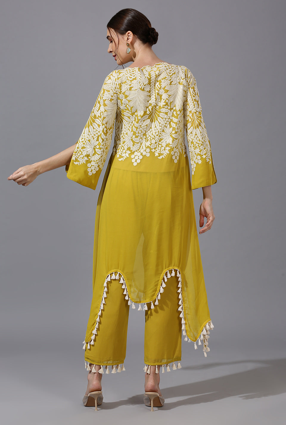 Yellow White Palm St. Fit Set With Dupatta