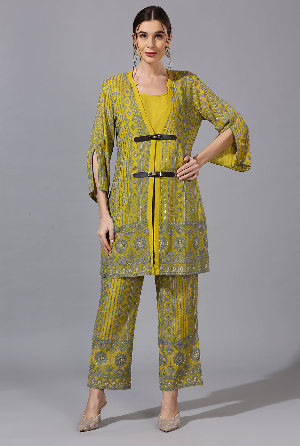 Yellow Grey Double Buckle Co-Ord Set