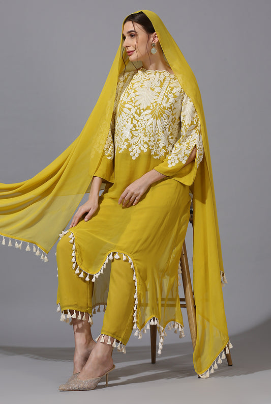 Yellow White Palm St. Fit Set With Dupatta