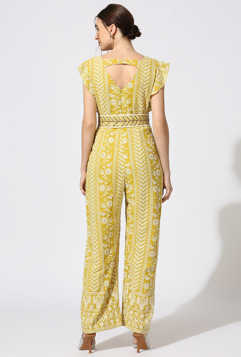 Yellow White Jumpsuit with Zardosi Belt