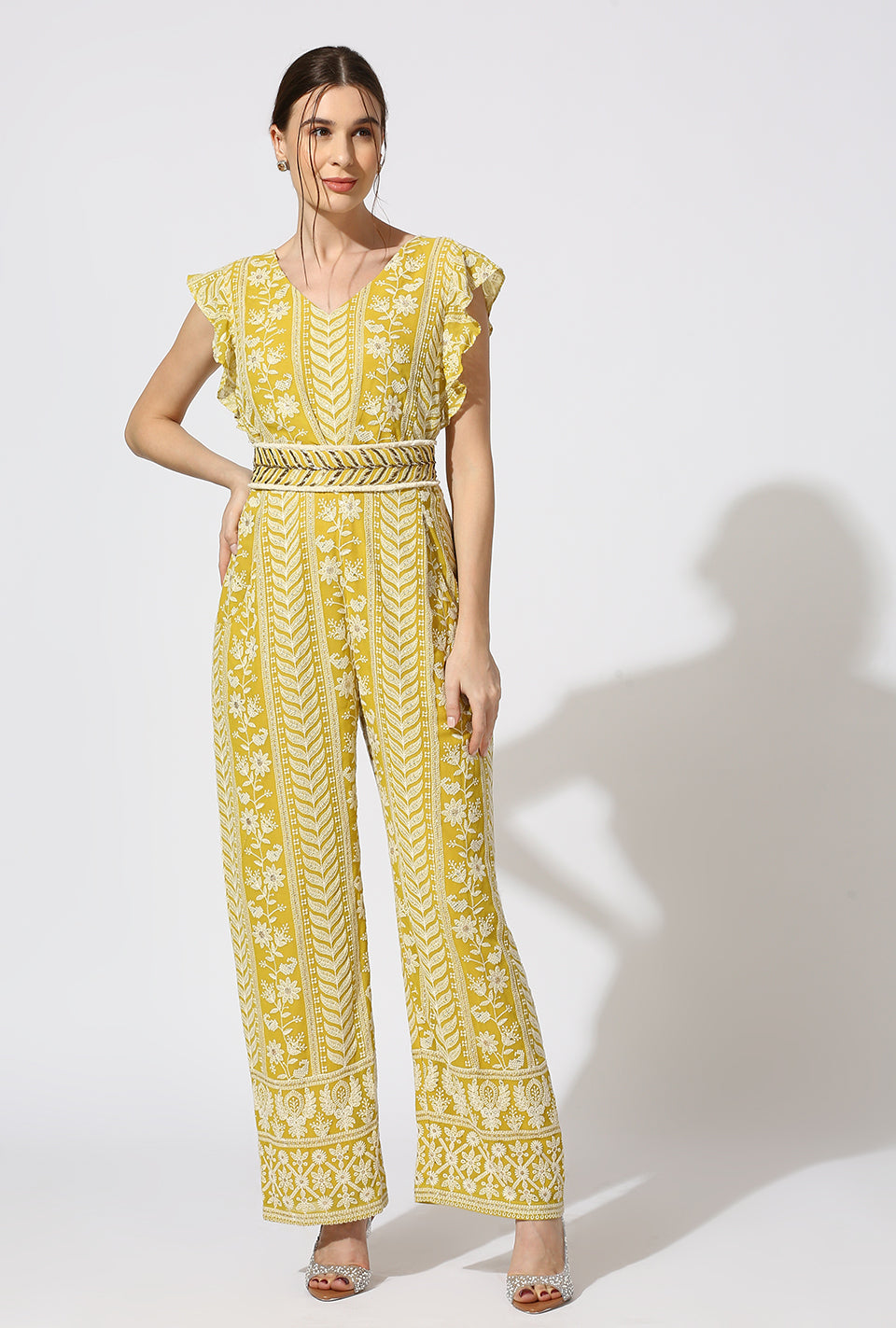 Yellow White Jumpsuit with Zardosi Belt