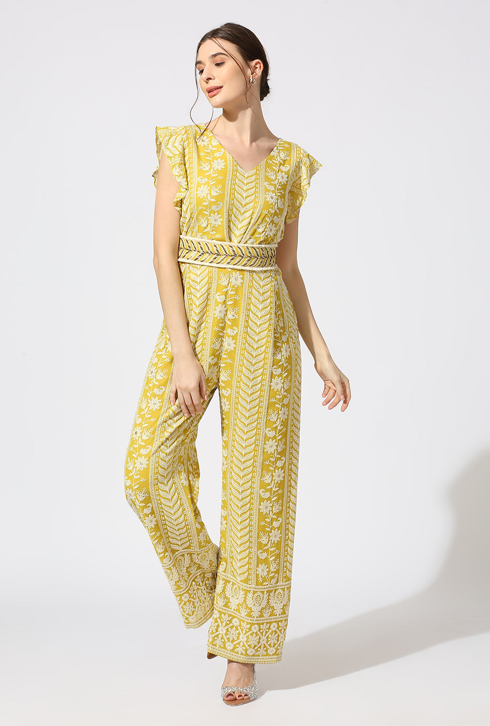 Yellow White Jumpsuit with Zardosi Belt