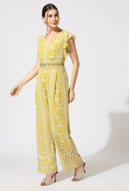 Yellow White Jumpsuit with Zardosi Belt