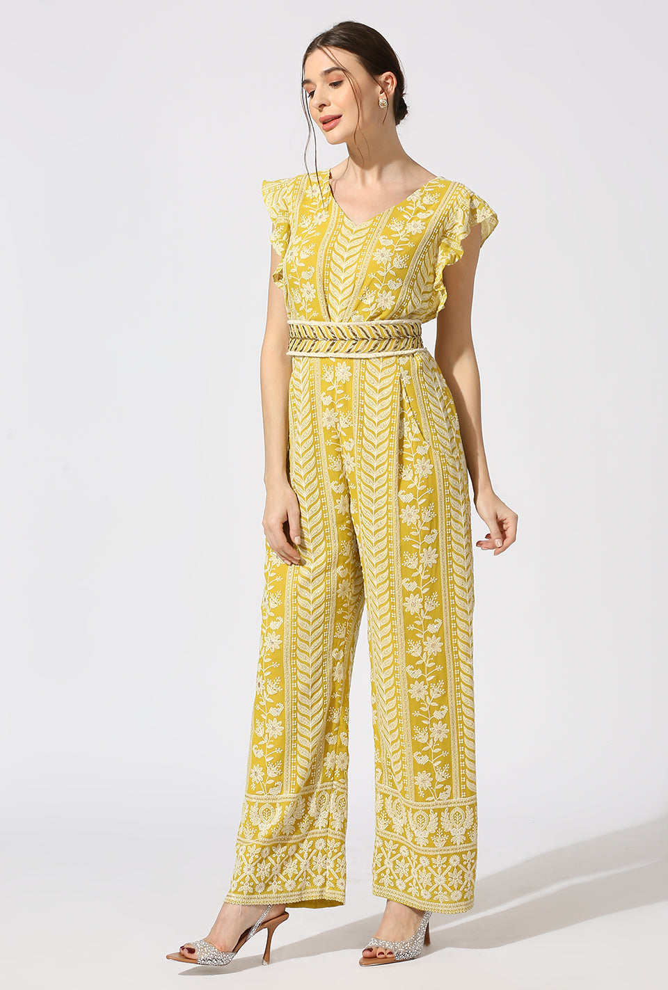 Yellow White Jumpsuit with Zardosi Belt