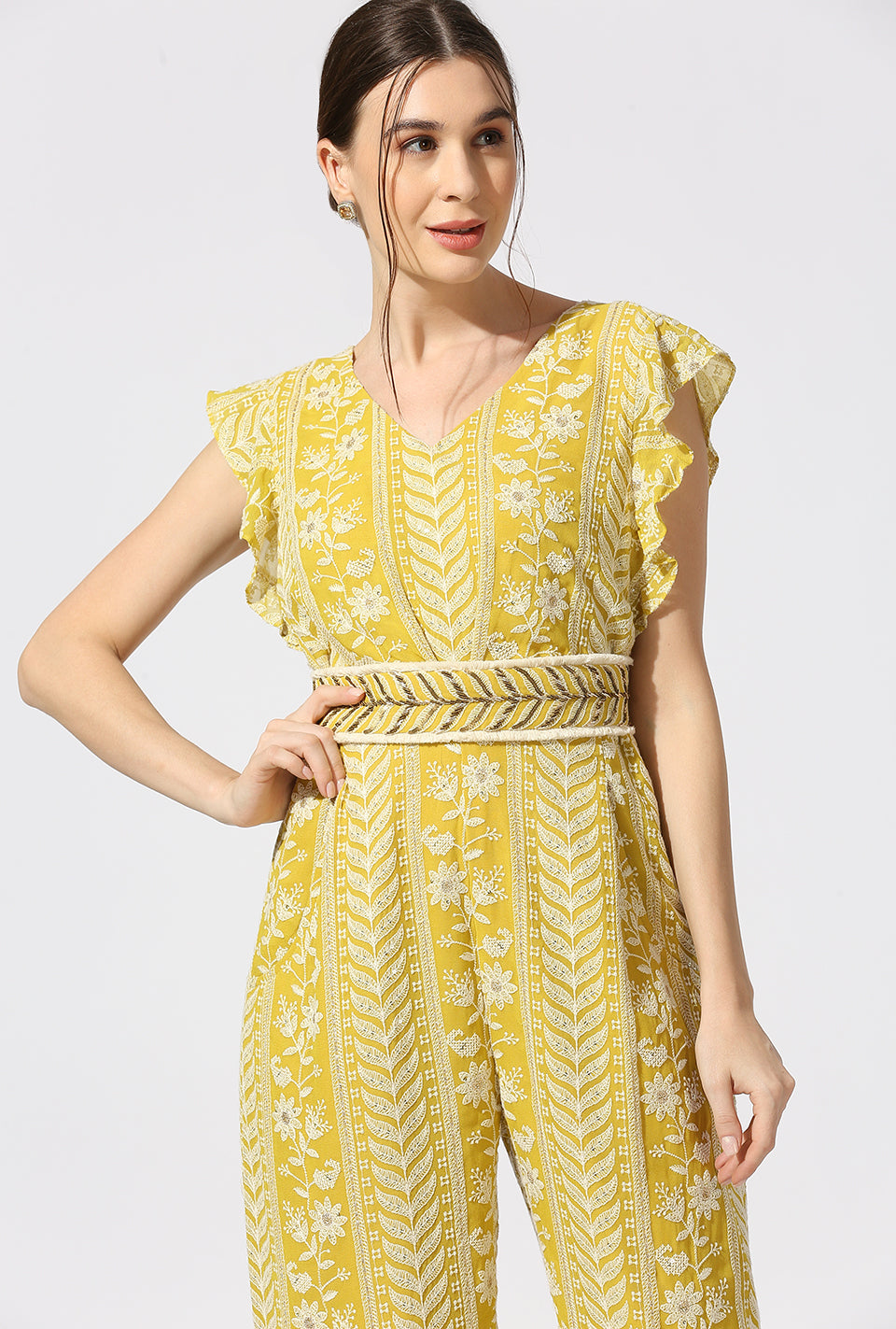 Yellow White Jumpsuit with Zardosi Belt