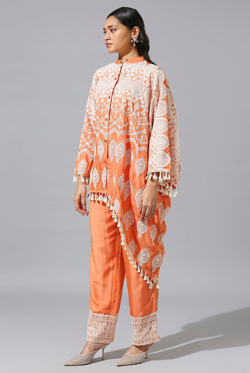 Orange One Side Poncho Set