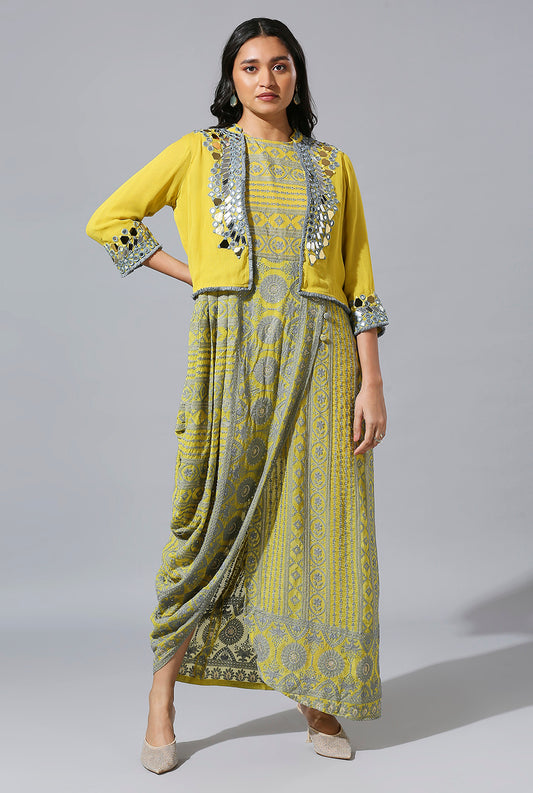 Yellow Grey One-Side Cowl Dress With Mirror Jacket