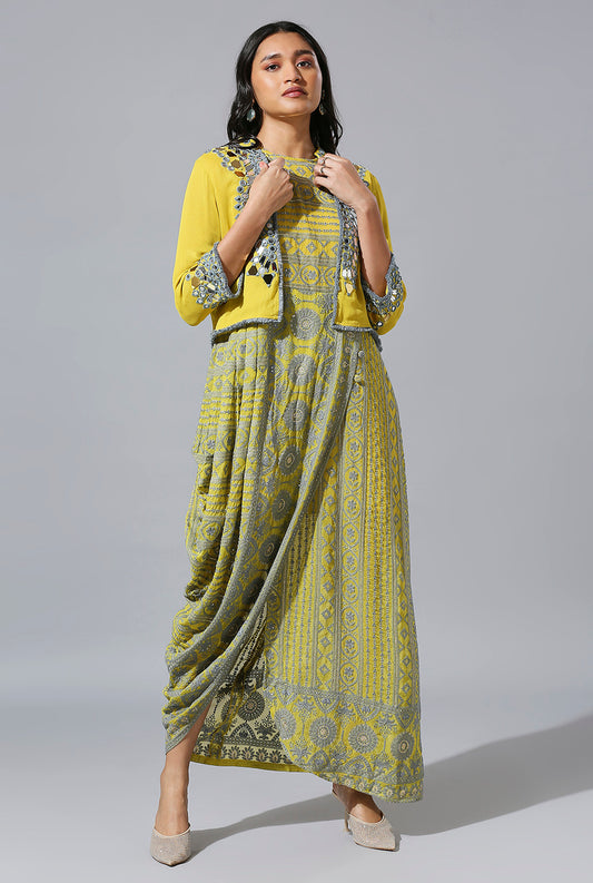 Yellow Grey One-Side Cowl Dress With Mirror Jacket