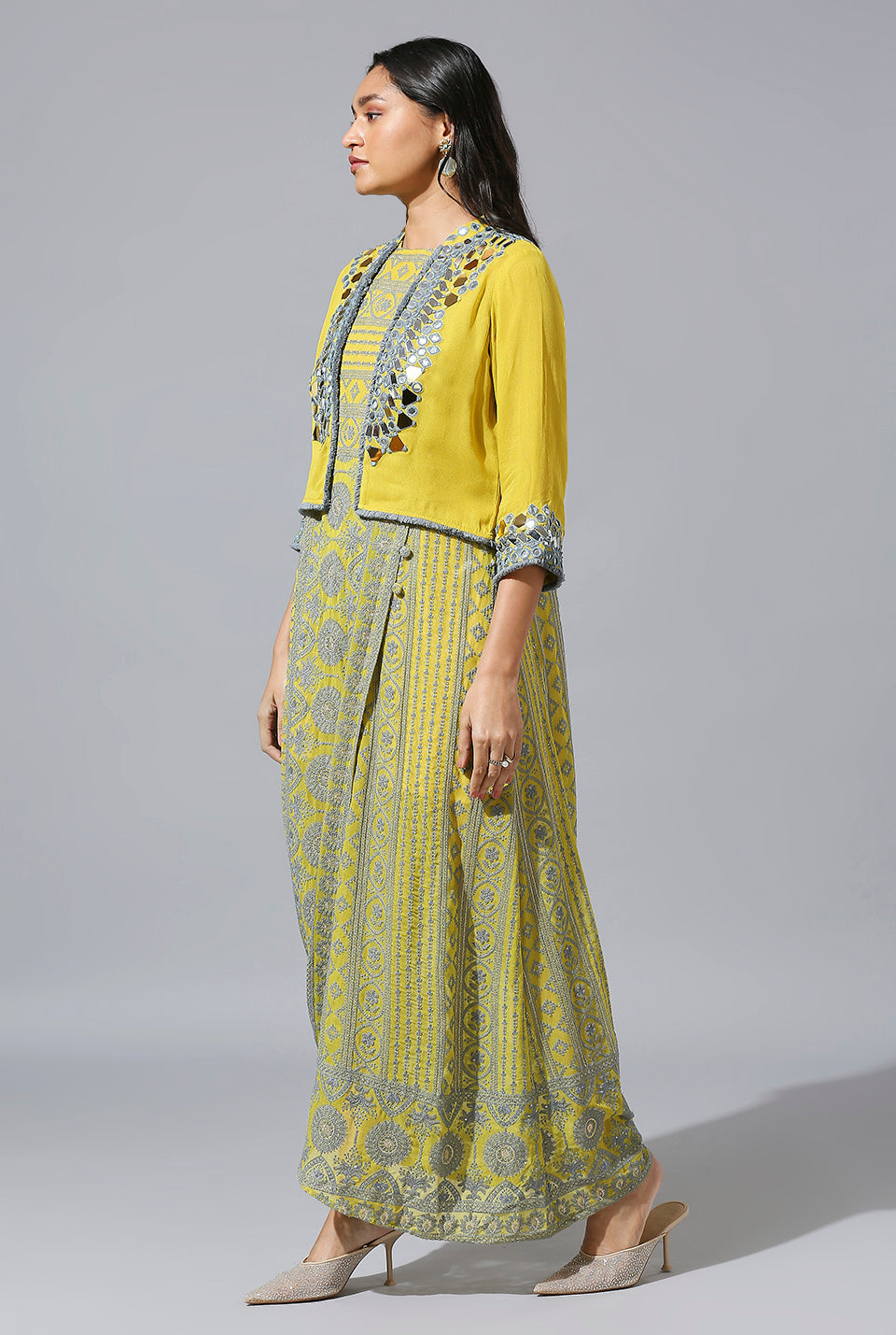 Yellow Grey One-Side Cowl Dress With Mirror Jacket