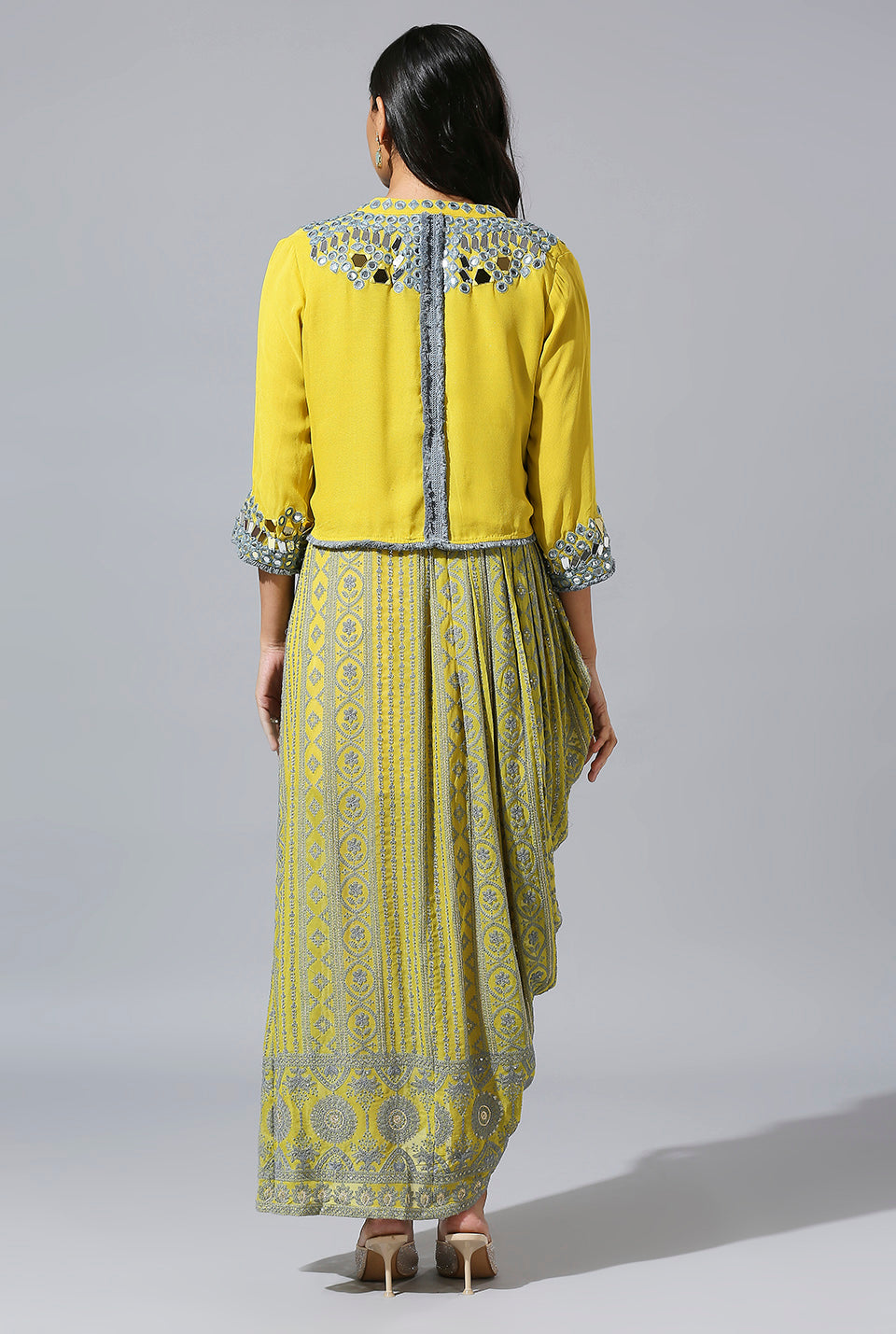 Yellow Grey One-Side Cowl Dress With Mirror Jacket