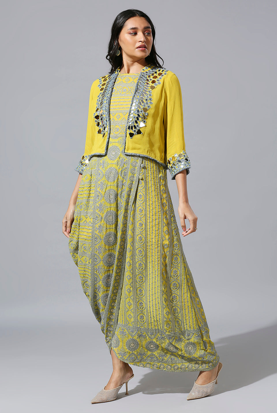 Yellow Grey One-Side Cowl Dress With Mirror Jacket