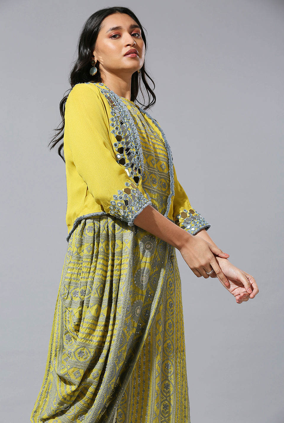 Yellow Grey One-Side Cowl Dress With Mirror Jacket