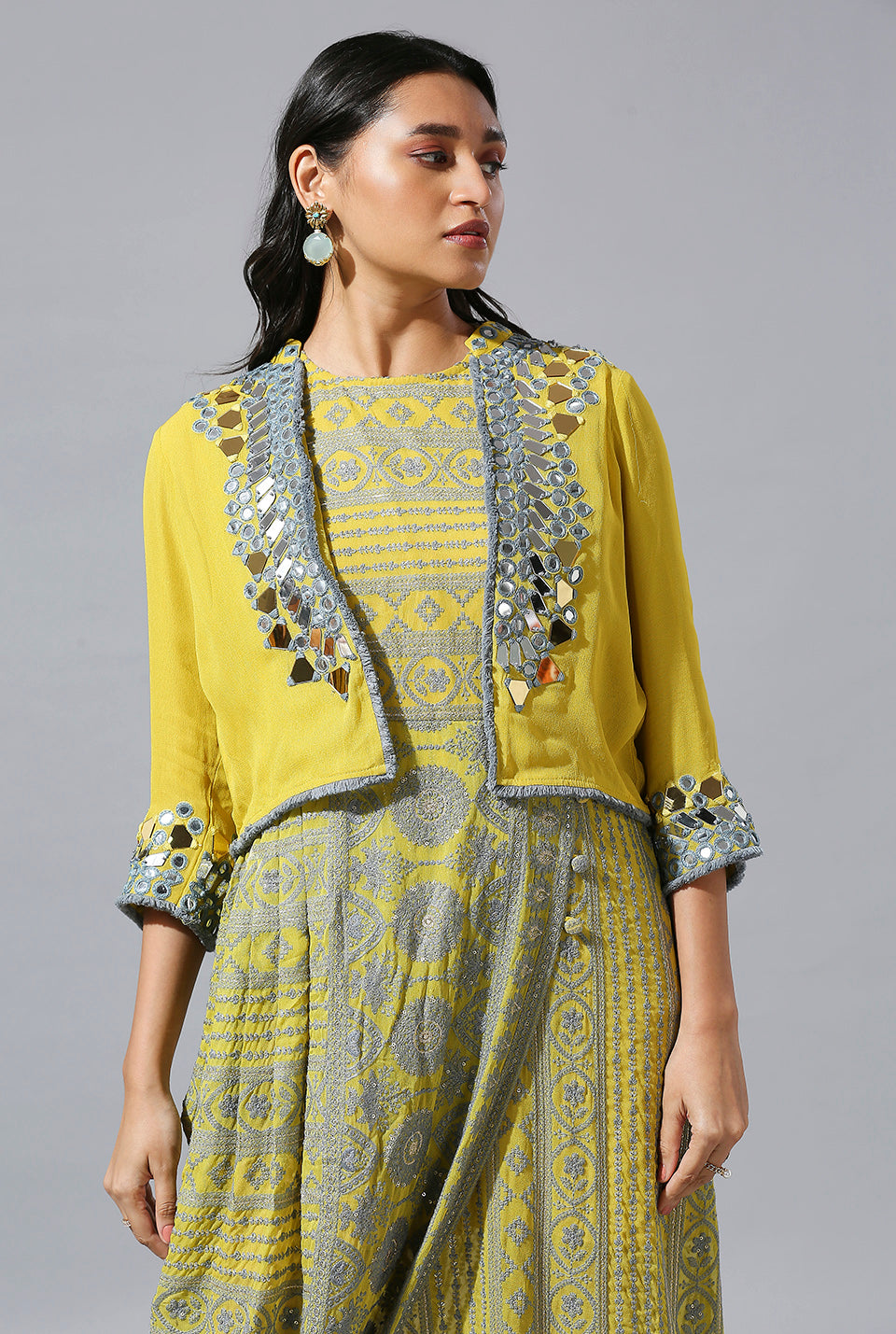 Yellow Grey One-Side Cowl Dress With Mirror Jacket