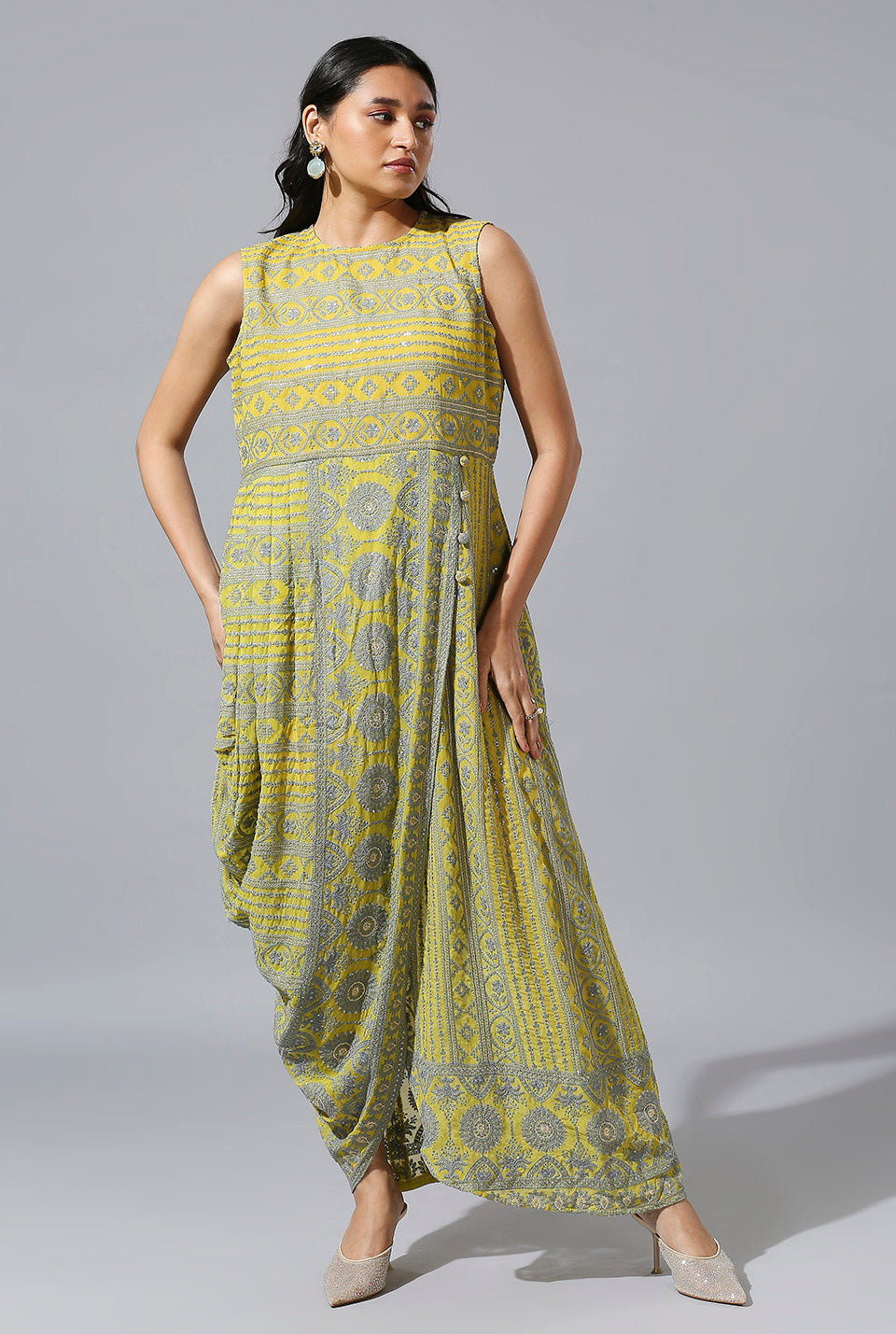 Yellow Grey One-Side Cowl Dress With Mirror Jacket