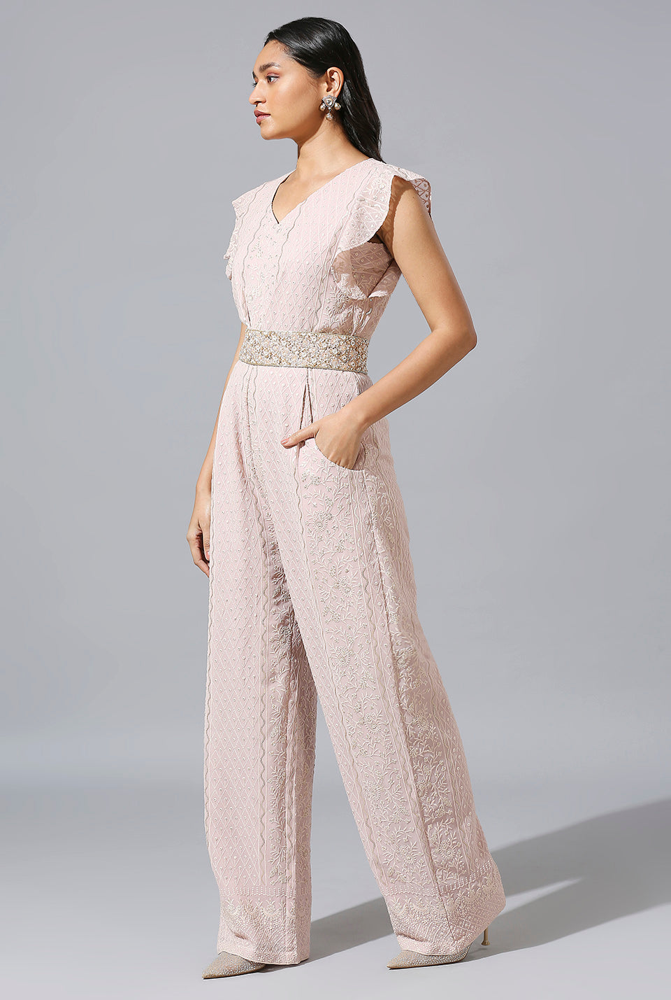 Light Mauve Jumpsuit with Zardosi Belt