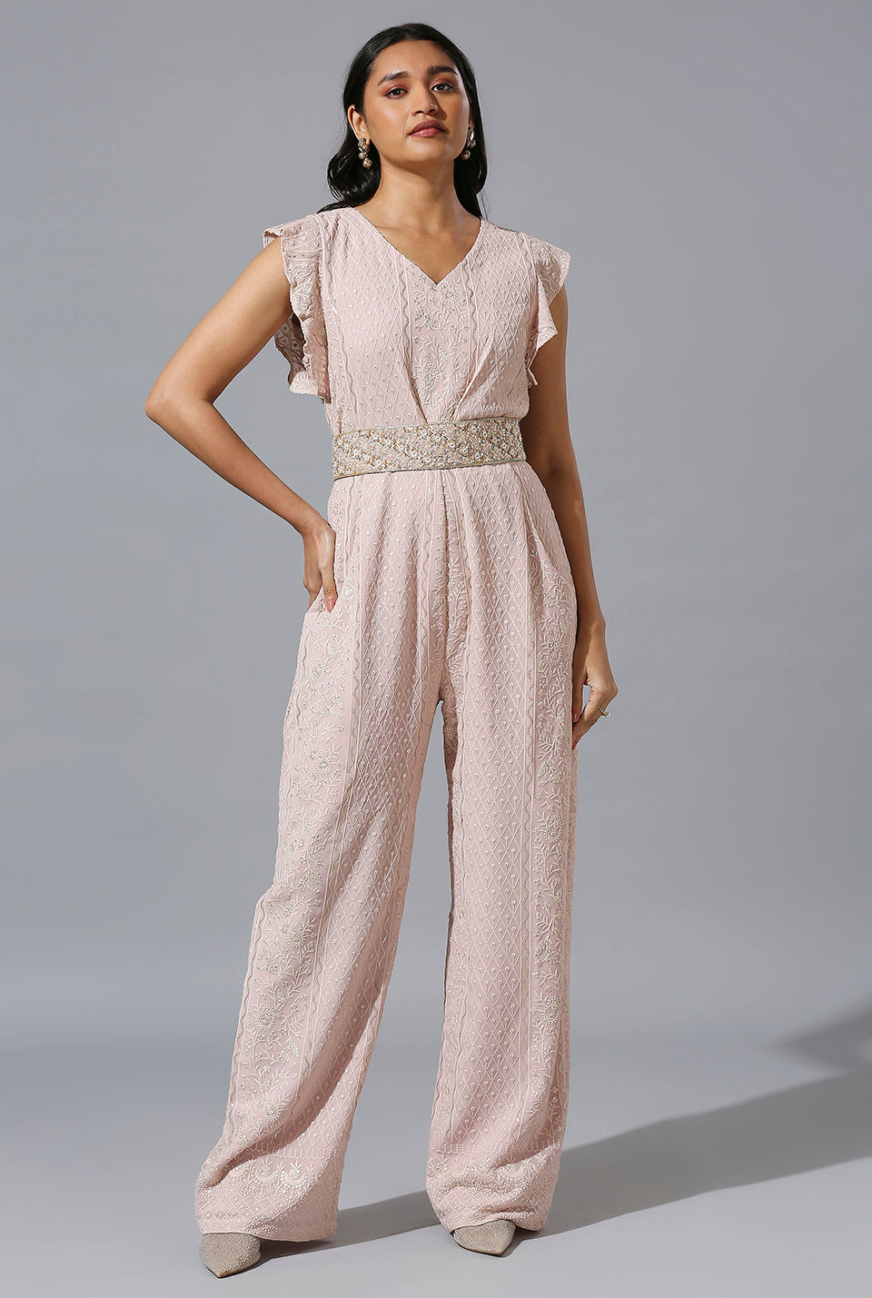 Light Mauve Jumpsuit with Zardosi Belt