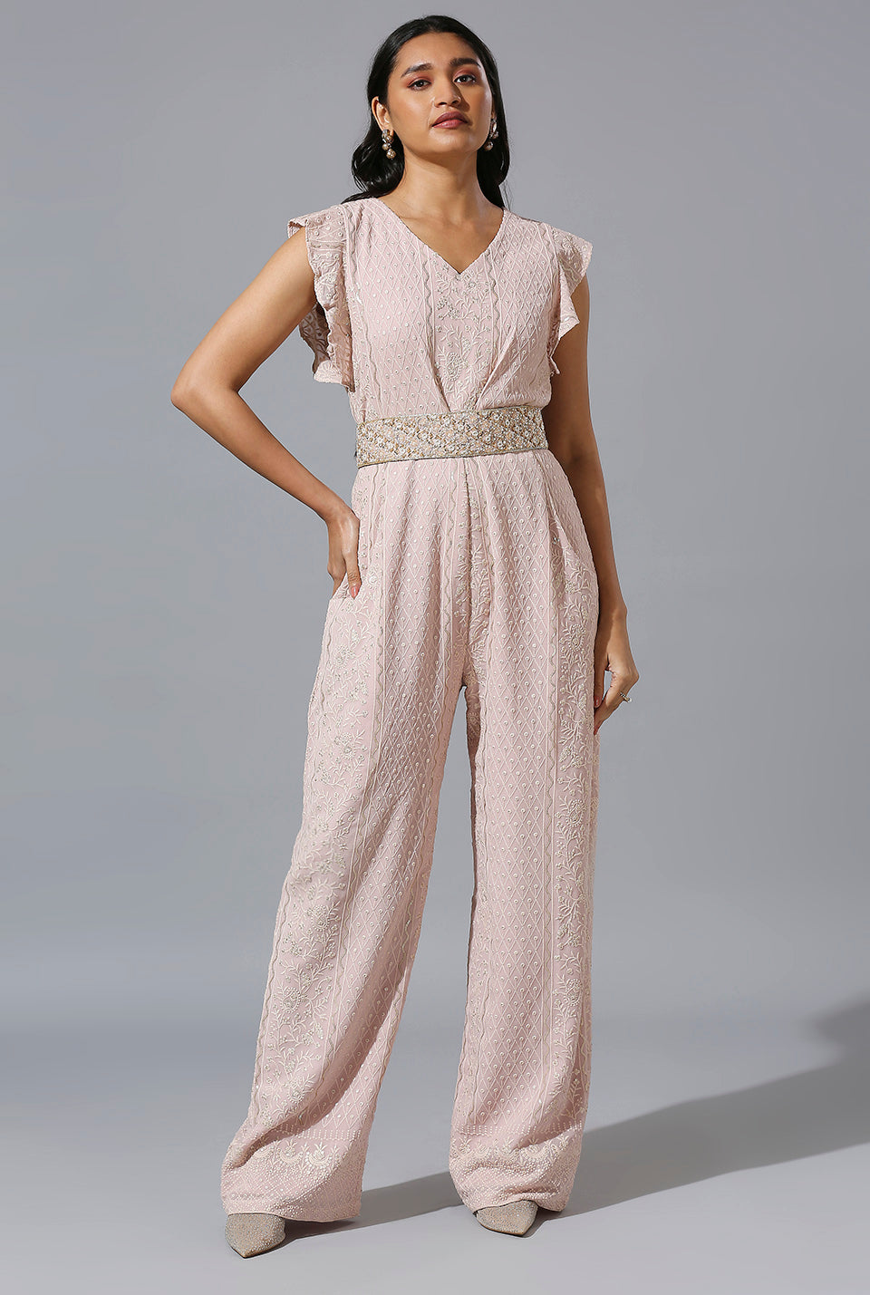 Light Mauve Jumpsuit with Zardosi Belt