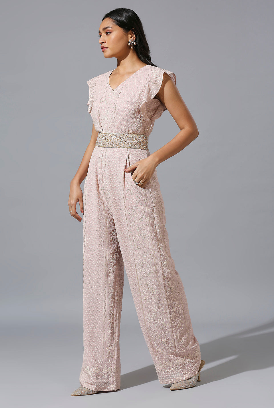 Light Mauve Jumpsuit with Zardosi Belt