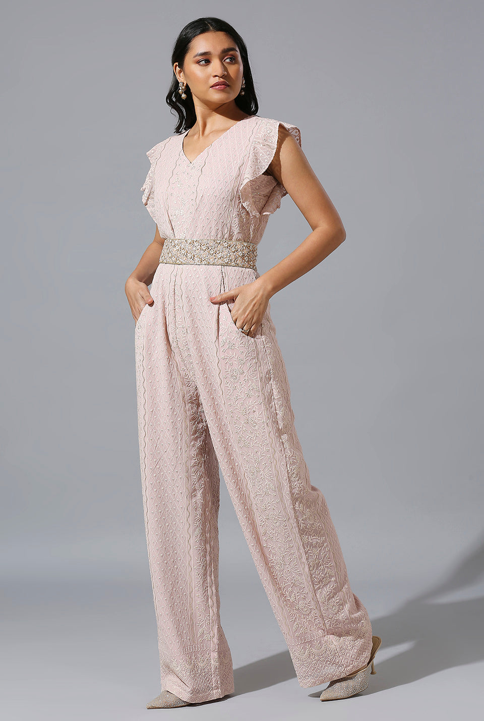 Light Mauve Jumpsuit with Zardosi Belt