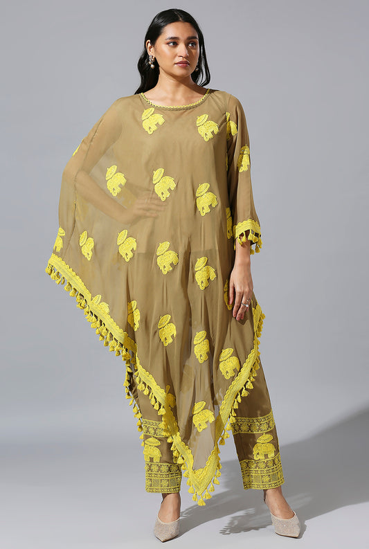 Beige Yellow One Side Poncho Set