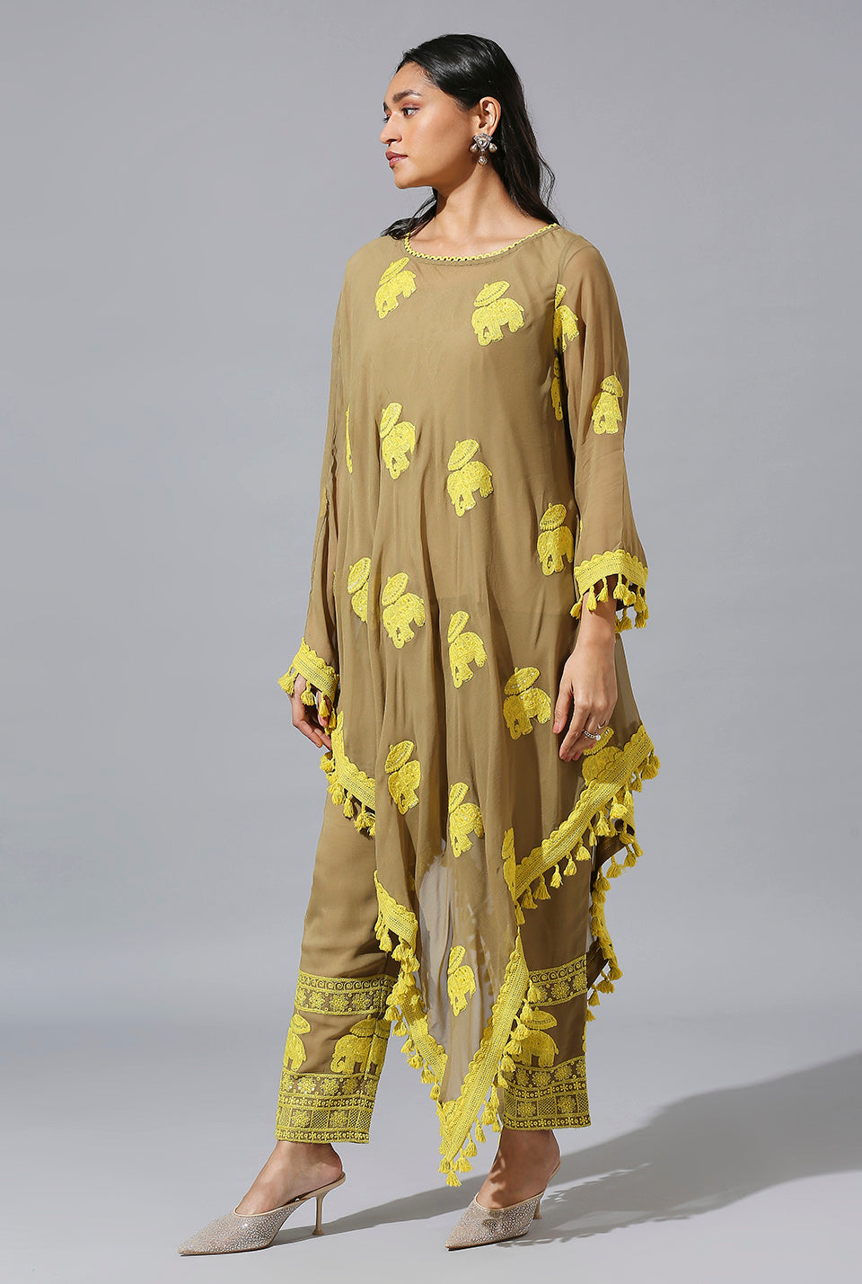 Beige Yellow One Side Poncho Set