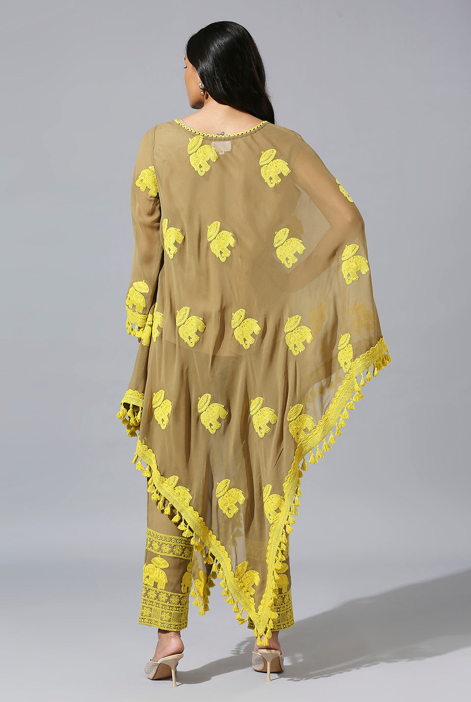 Beige Yellow One Side Poncho Set