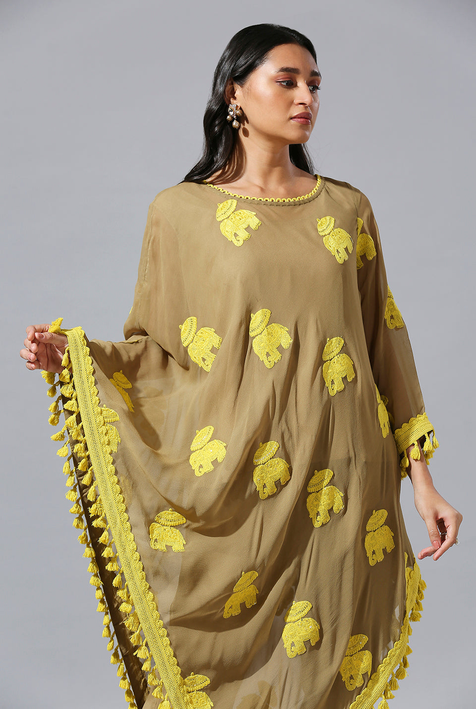 Beige Yellow One Side Poncho Set