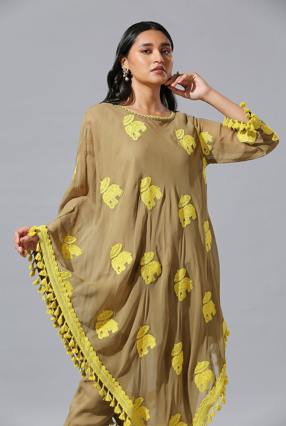 Beige Yellow One Side Poncho Set