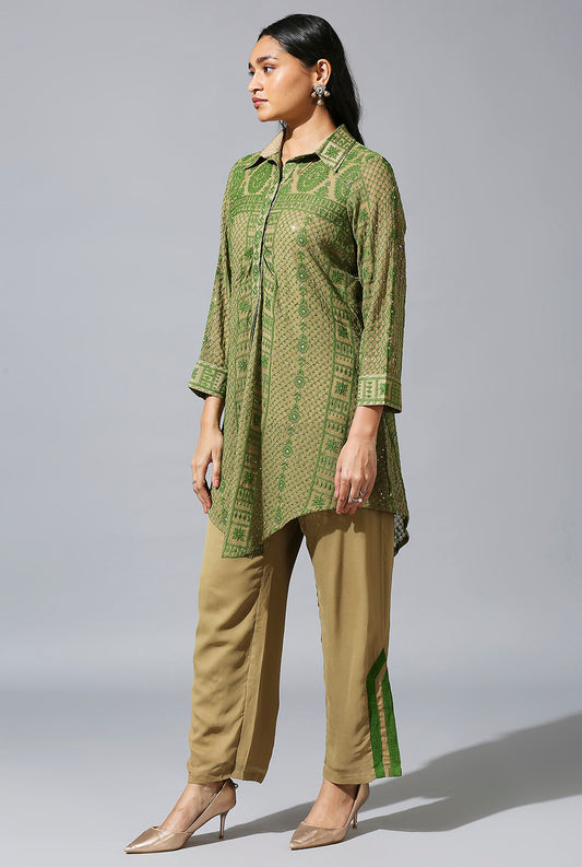 Beige Green Aarif Shirt Set