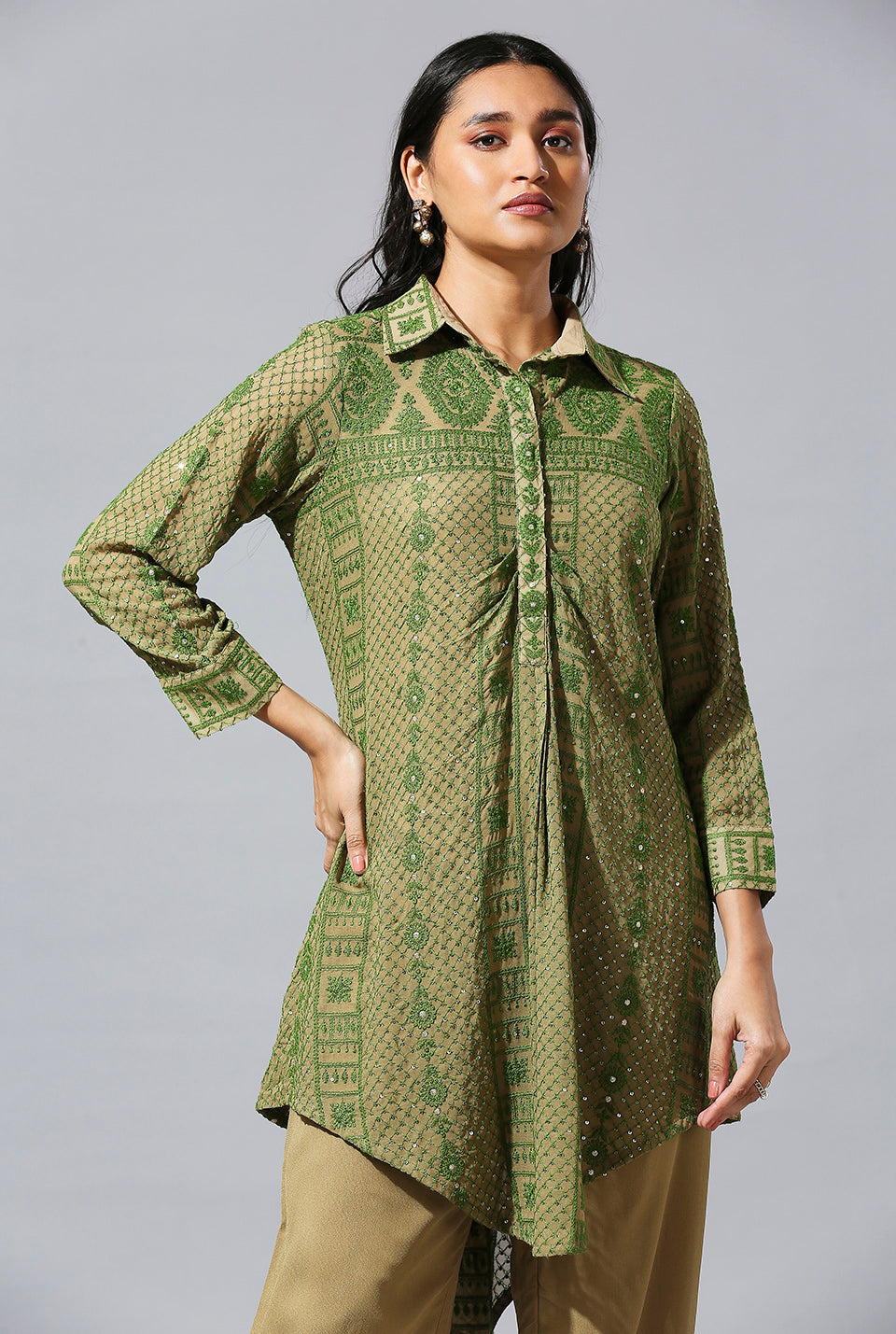 Beige Green Aarif Shirt Set