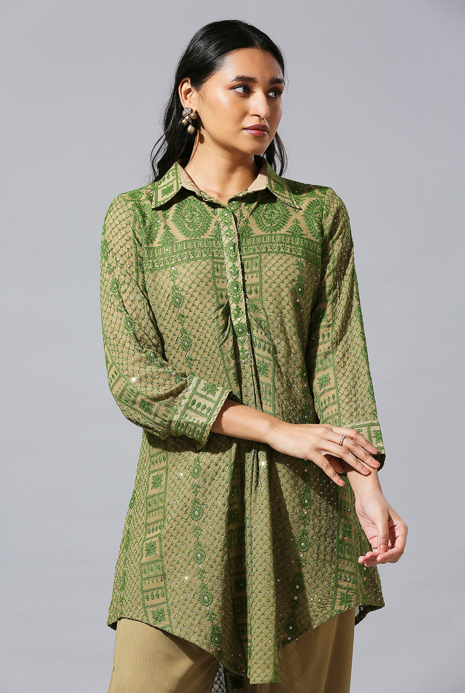 Beige Green Aarif Shirt Set