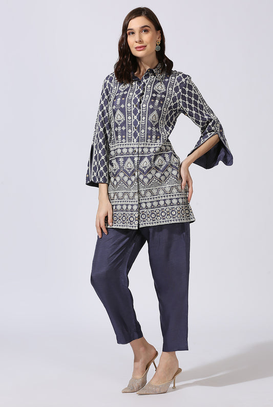 Blue White Dola Silk Shirt & Pant Set