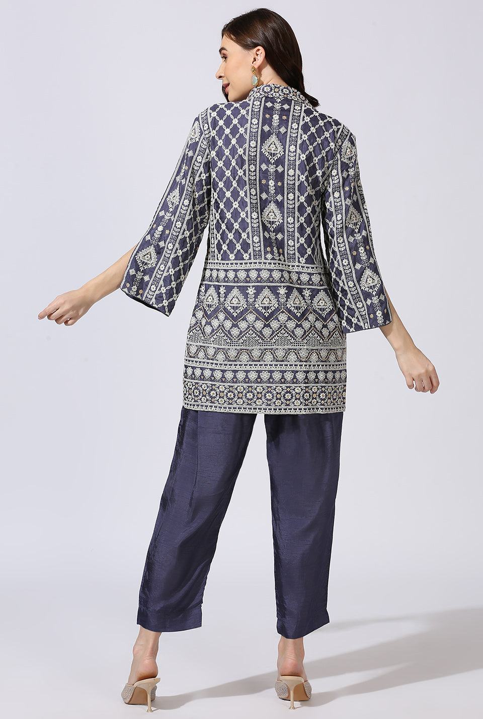 Blue White Dola Silk Shirt & Pant Set