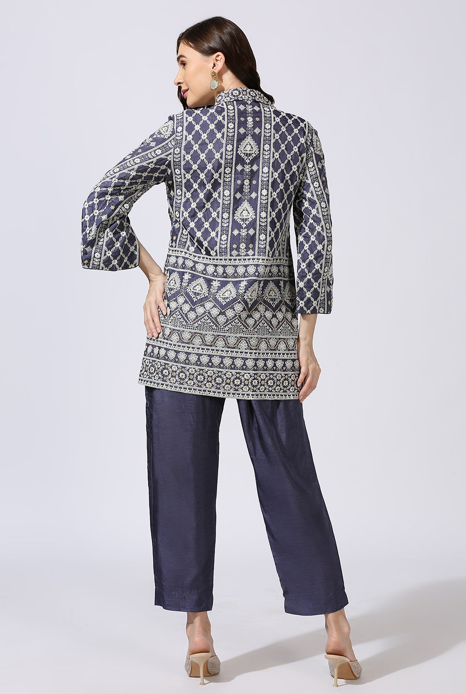 Blue White Dola Silk Shirt & Pant Set