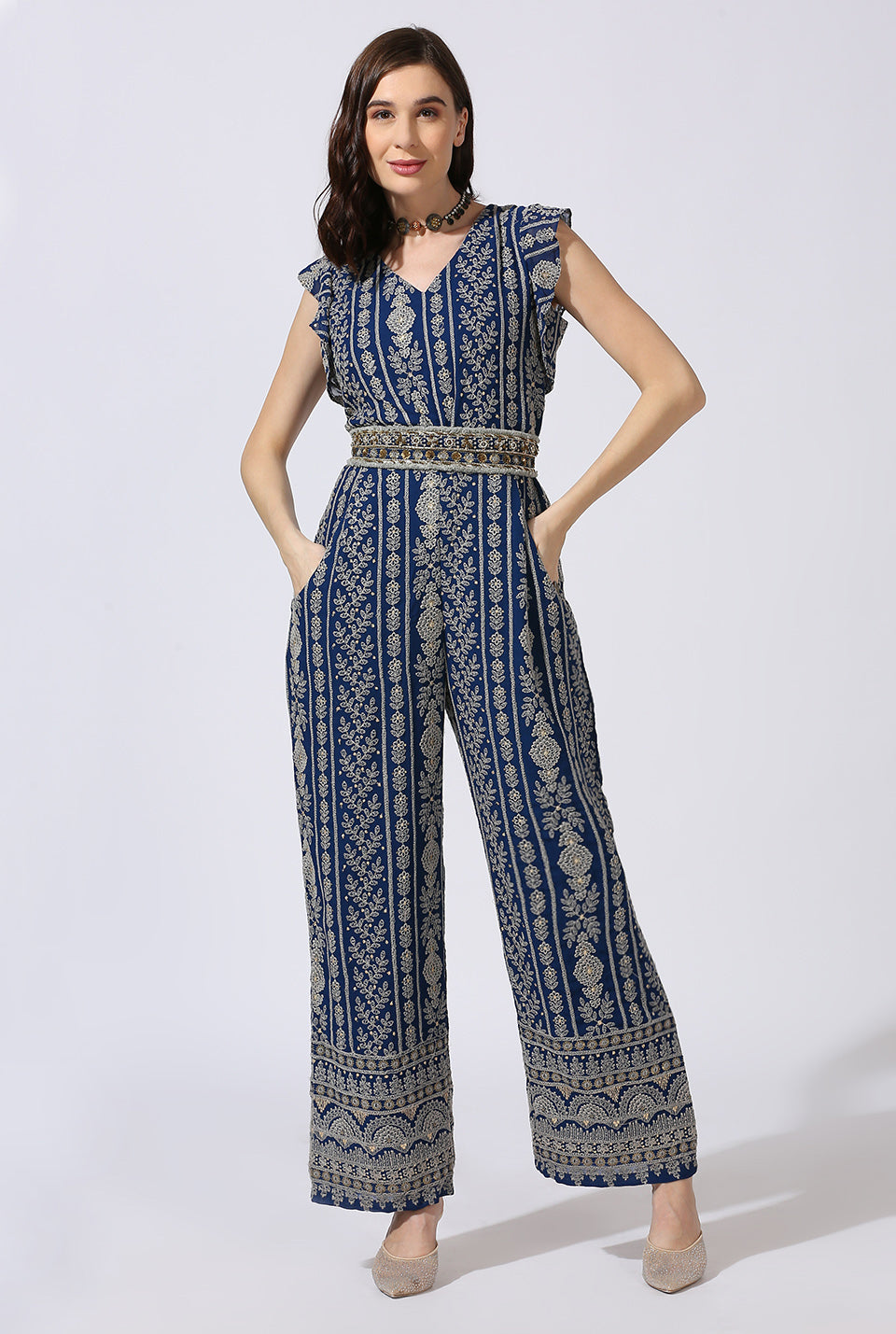 Blue Grey Jumpsuit with Zardosi Belt