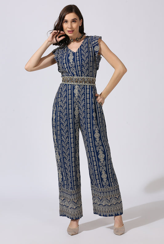 Blue Grey Jumpsuit with Zardosi Belt