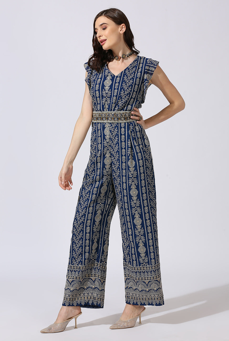 Blue Grey Jumpsuit with Zardosi Belt