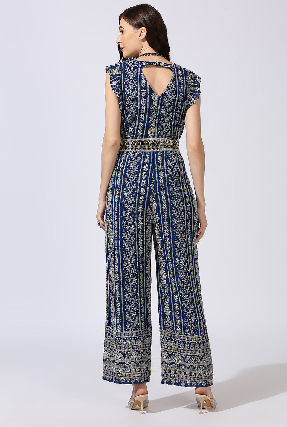 Blue Grey Jumpsuit with Zardosi Belt