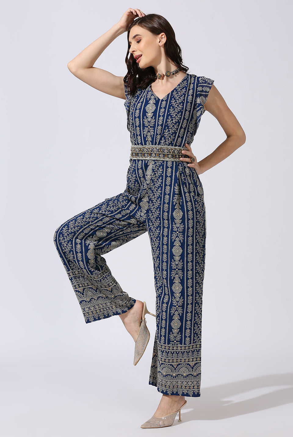 Blue Grey Jumpsuit with Zardosi Belt