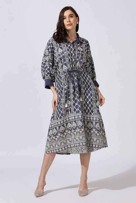 Blue White Dola Silk Dress