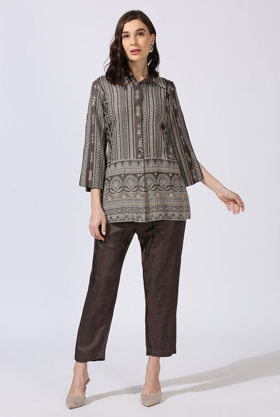 Ash Grey Dola Silk Shirt & Pant Set