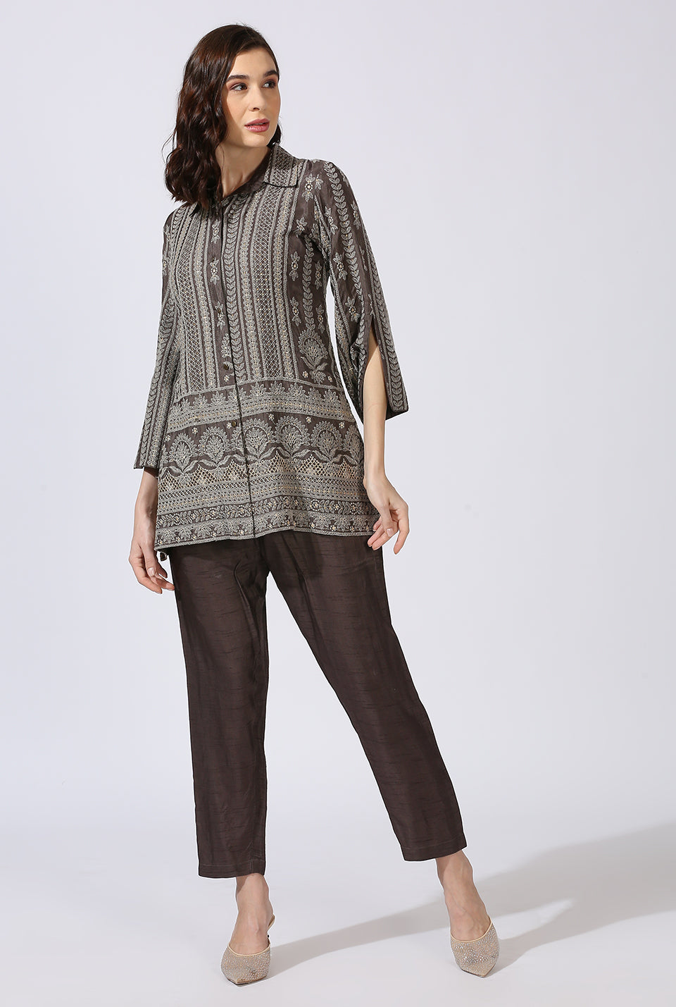 Ash Grey Dola Silk Shirt & Pant Set