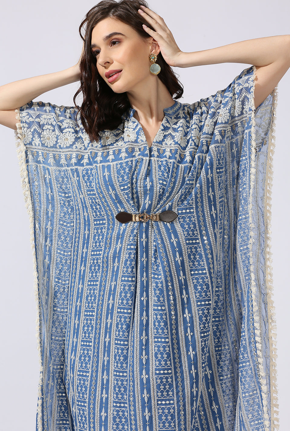 Ice Blue White Single Buckle Kaftan